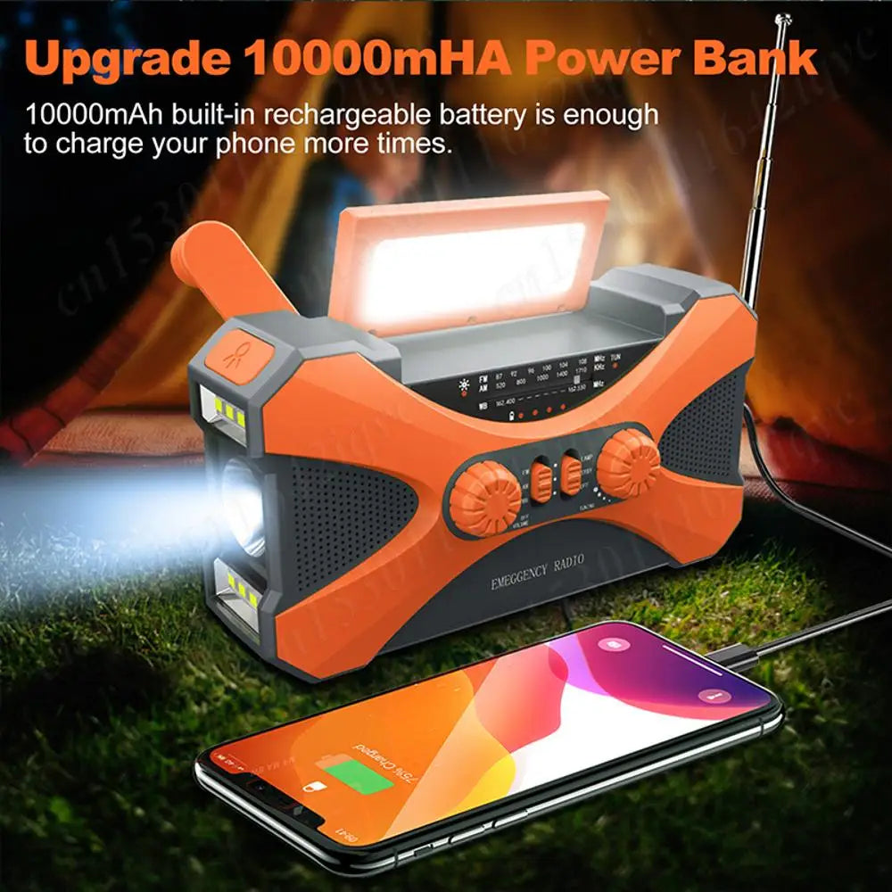 10000mAh Solar Hand Crank Radio Dual Speaker Stereo Emergency Radio Rechargeable FM AM WB NOAA Weather Radio Flashlight Torch