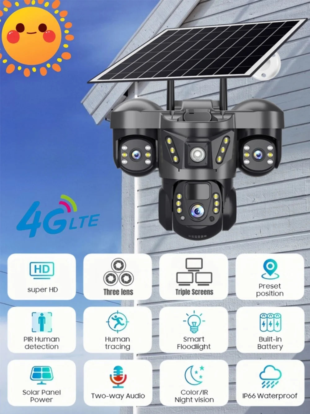 15MP Triple Lens PTZ 10X Zoom Solar Camera Outdoor Triple Screen 4G SIM Secure 360° Auto Tracking Smart Home Wireless CCTV Cam