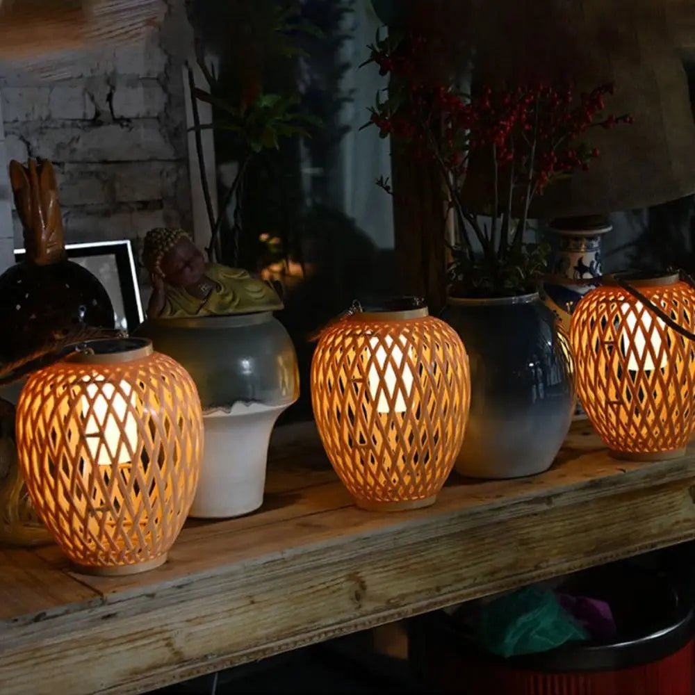 Solar Bamboo Weaving Lantern 600 mAh Waterproof Chinese Lantern Lights LED Garden Decorative Light Warm Light