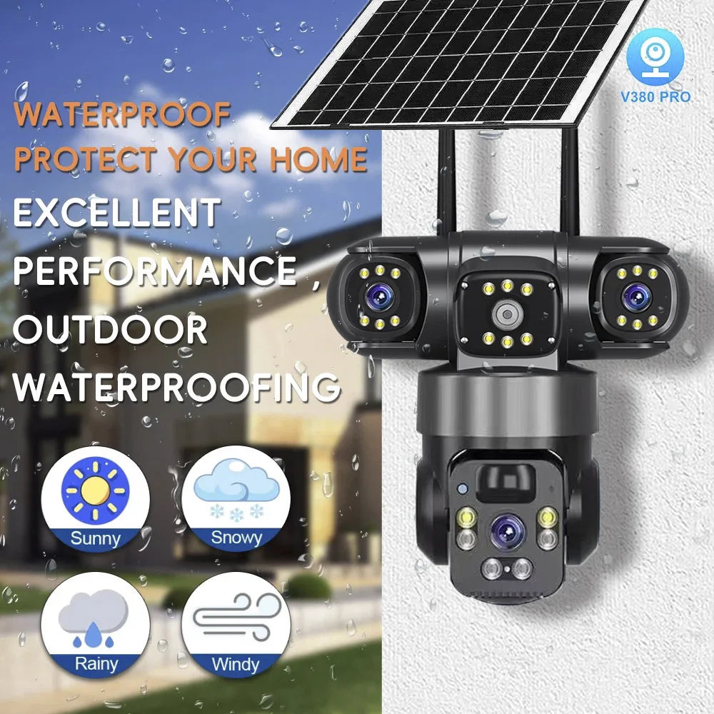12MP Solar Surveillance Camera Wireless Outdoor 3 Lens Solar IP Camera PIR Color Night Vision Auto Tracking Battery CCTV Camera