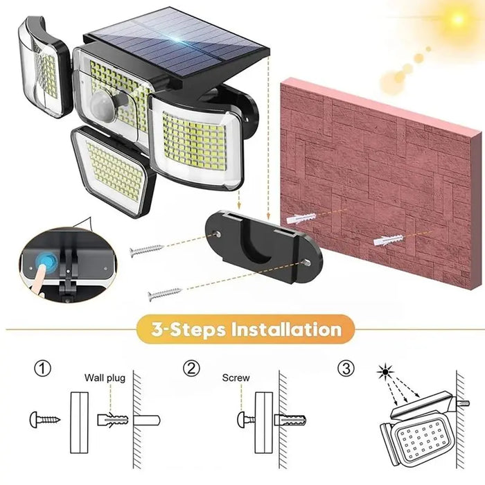 Solar Lights Outdoor 278LED Security Lights Motion Sensor with Remote Control 4 Heads Waterproof Solar Flood Wall Lights Garden