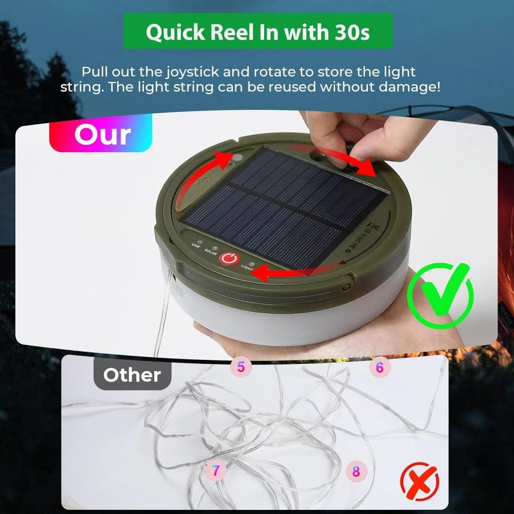 Solar Camping Lamp with String Lights LED Portable Waterproof Tent Lamp with 8 Lighting Modes Hanging Rechargeable Tent Lantern