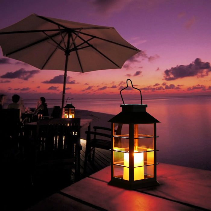 Solar Powered Lantern Light Outdoor Flickering Flame Fire Candle LED Lamp Hanging Decorative Lighting For Garden Patio Courtyard