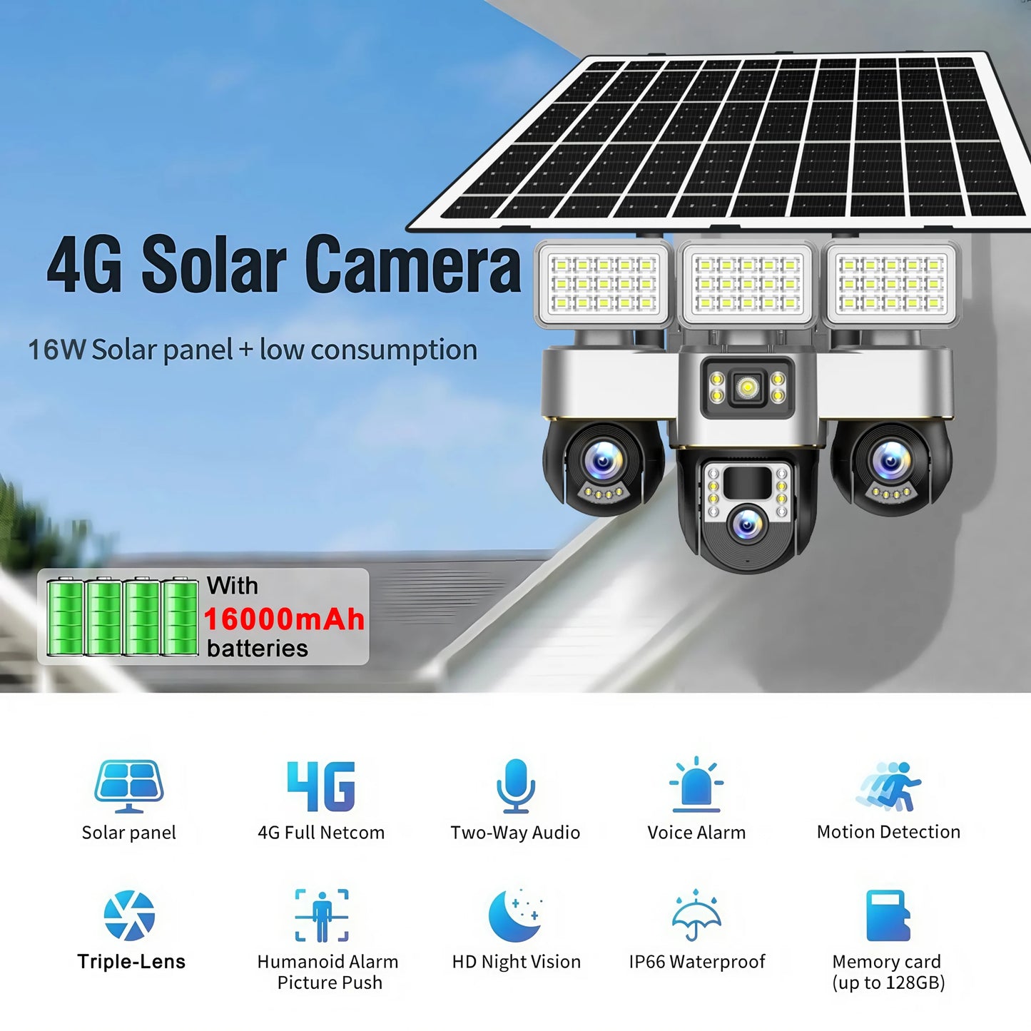 Solar Cameras 4G 15MP Three PTZs Len PIR Human Tracking Security CCTV Surveillance IP Camera PTZs control Wifi security cameras