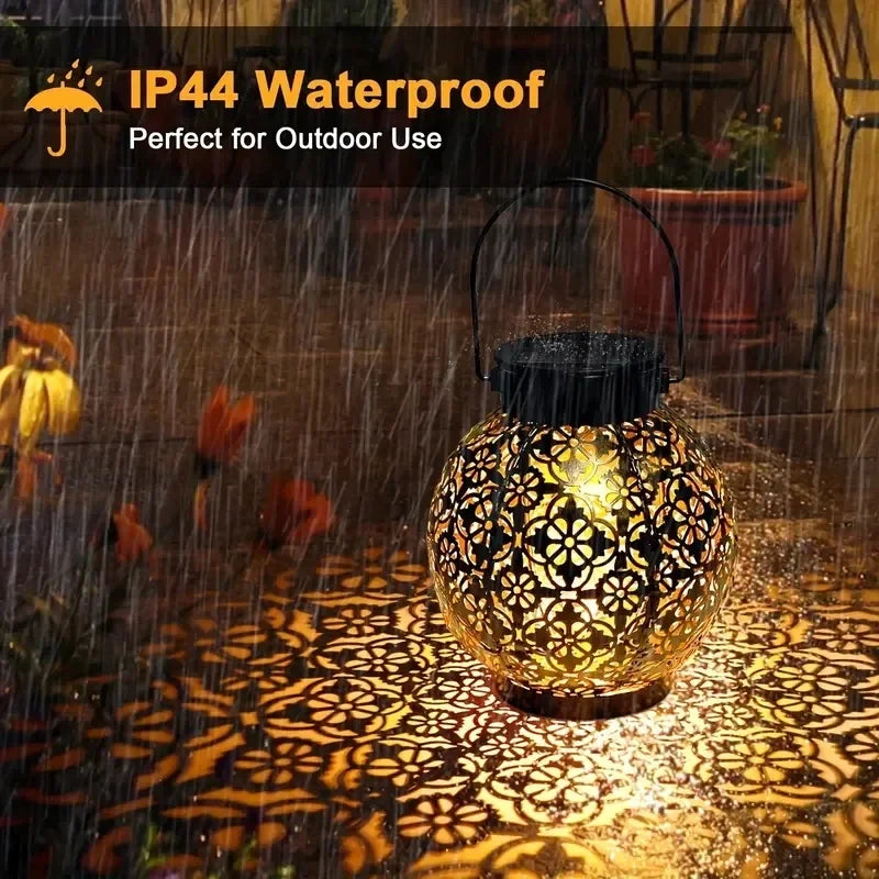 Solar Garden Light Outdoor Garden Decoration Solar Lights Metal Waterproof Round Lantern Lights Hanging Hollow Projection Lights
