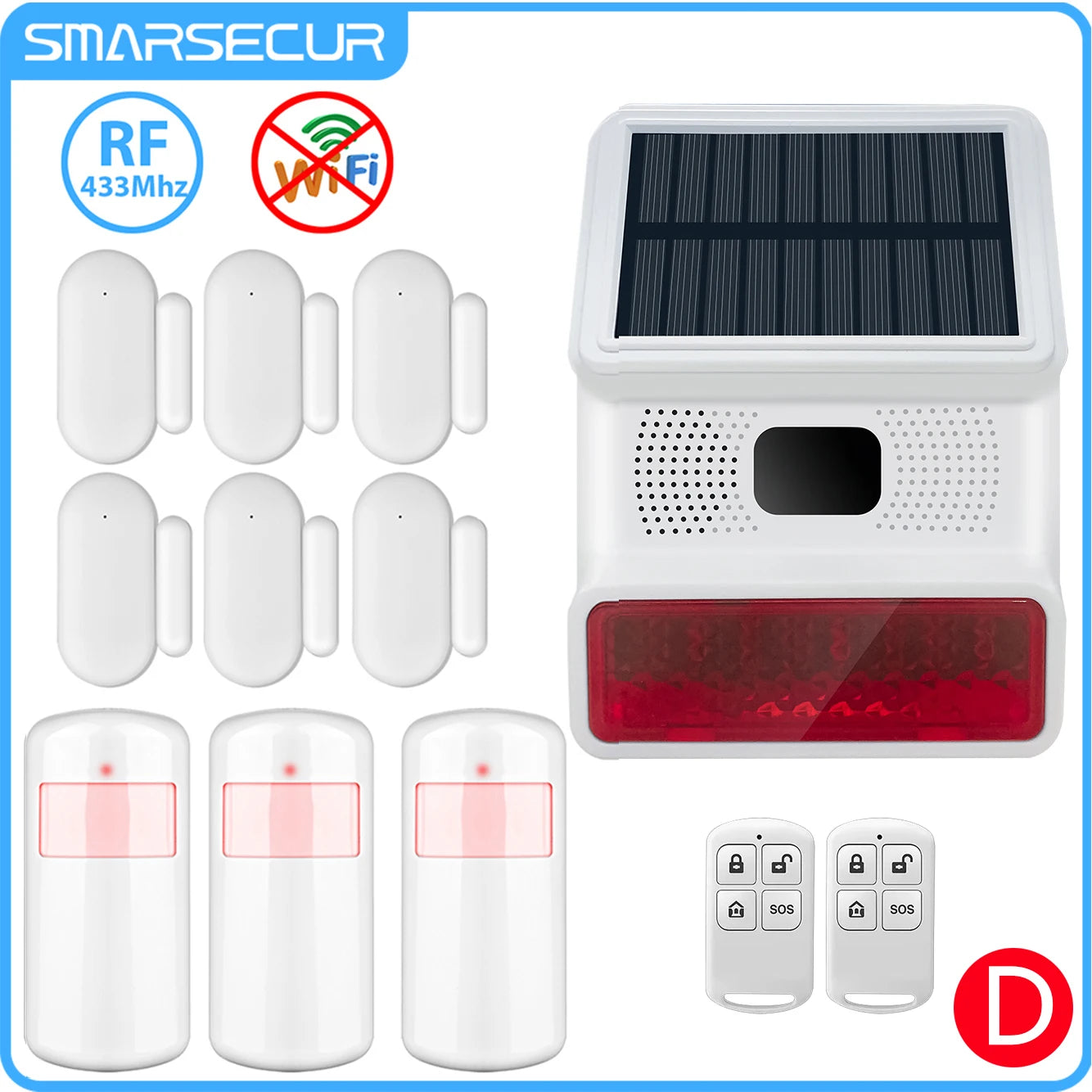 Smarsecur 433MHz Solar Outdoor Waterproof Siren with LED Flashing Light Function as Home Garage Shed Alarm System