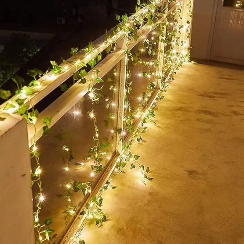 7/12M Solar Green Leaf String Lights Artificial Vine Fairy Lights Christmas Tree Garland Light Home Holiday Lighting Decoration