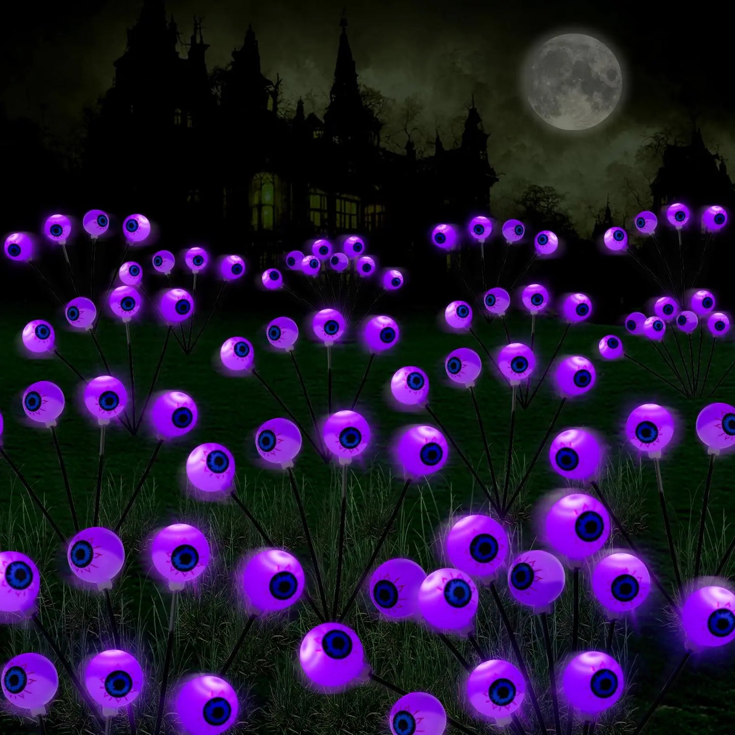 Halloween Outdoor Solar Eyeball Lights-LED Green&Purple Glow, Swinging Firefly Effect,for Creepy Yards, Lawns & Halloween Haunts