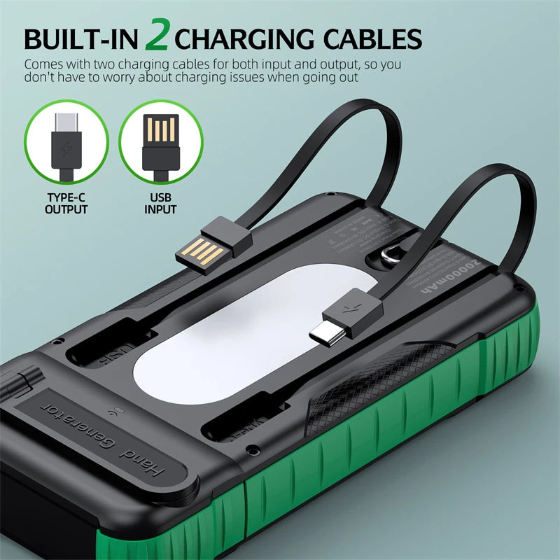 20000mAh Hand Crank Solar Power Bank with Cable Fast Charge Outdoor Portable Powerbank for iPhone Huawei Xiaomi External Battery