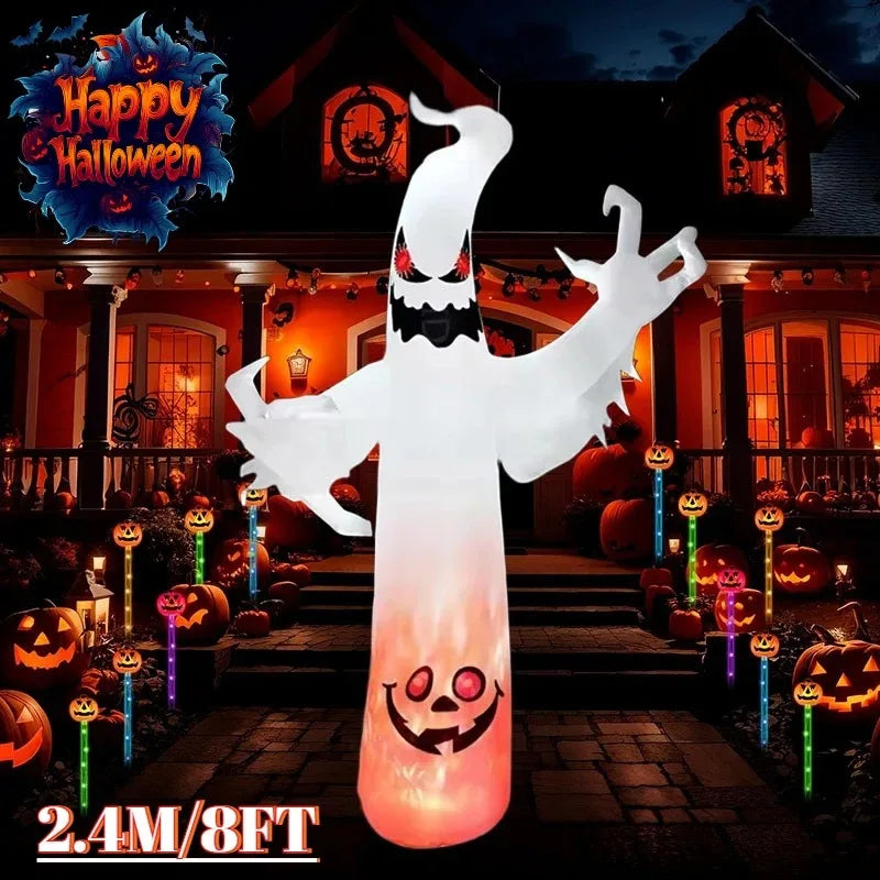 8FT Halloween Party & Holiday DIY Decoration Flame White Ghost Solar Term LED Light Up Lawn Inflatable Model Outside Party Decor