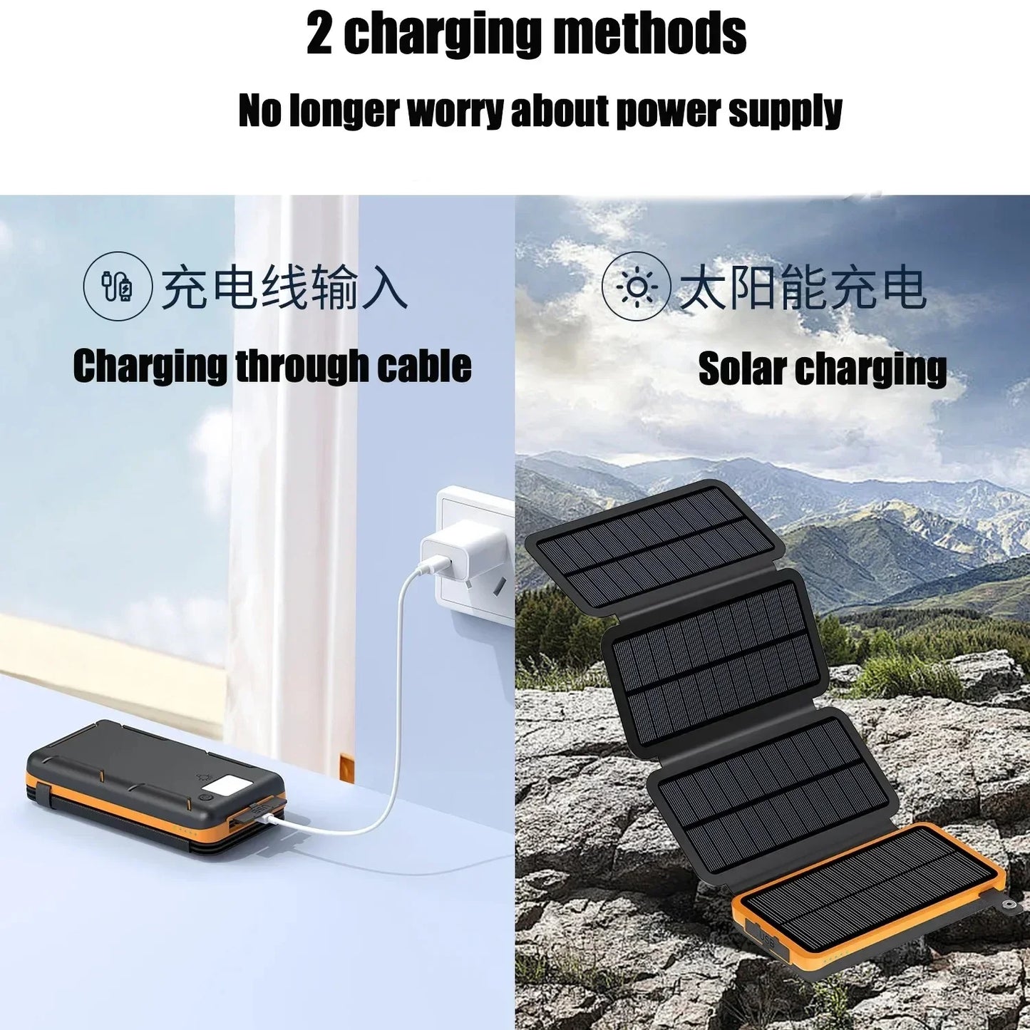 30000mAh Solar Power Bank Flip Panel Large Capacity iOS/Android USB fast charge dual charging solar/Type-C portable for camping