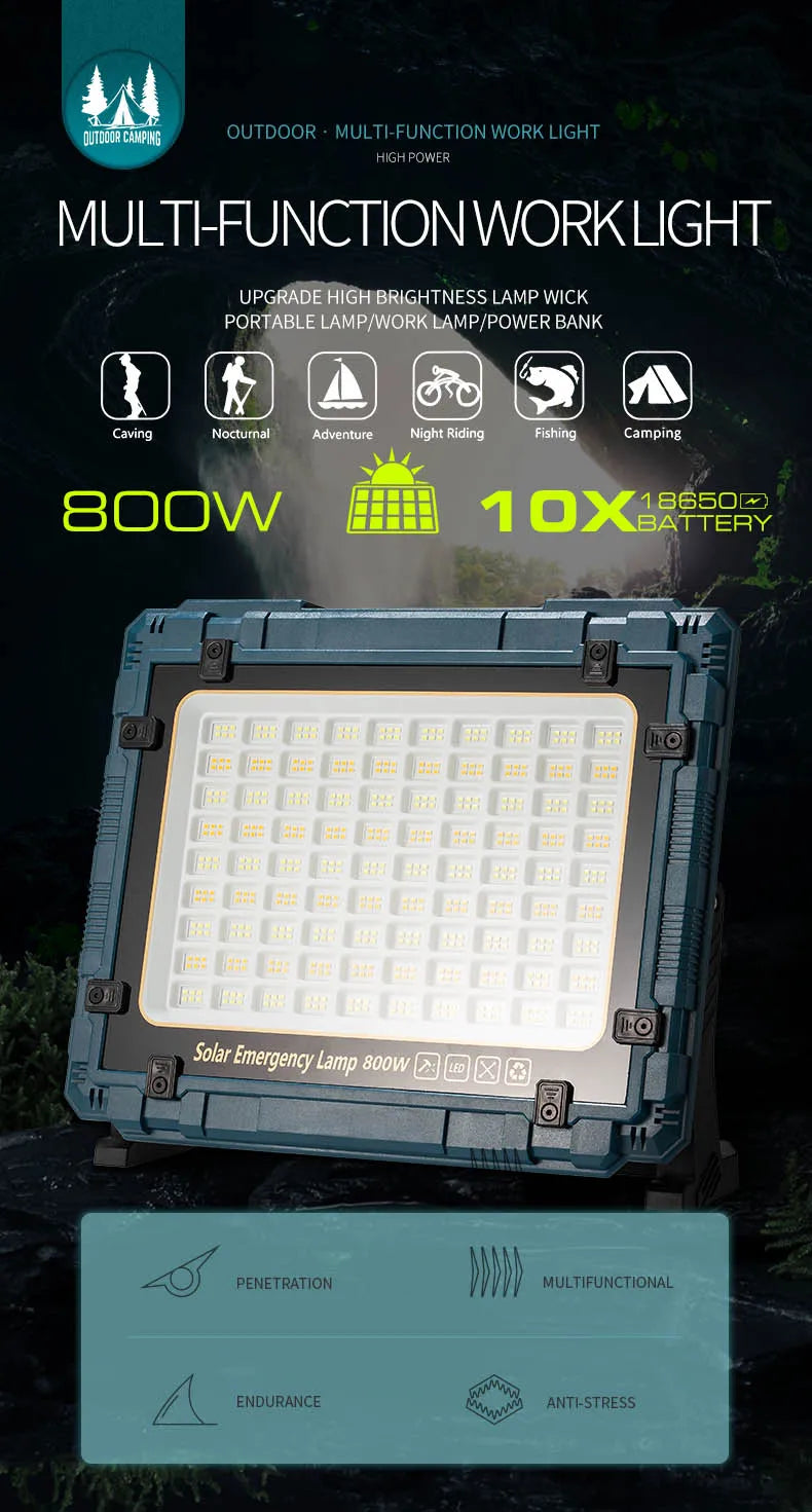 Rechargeable Solar Flood Light Outdoor Portable LED Reflector Spotlight IP66 Waterproof Camping Work Light Floodlight