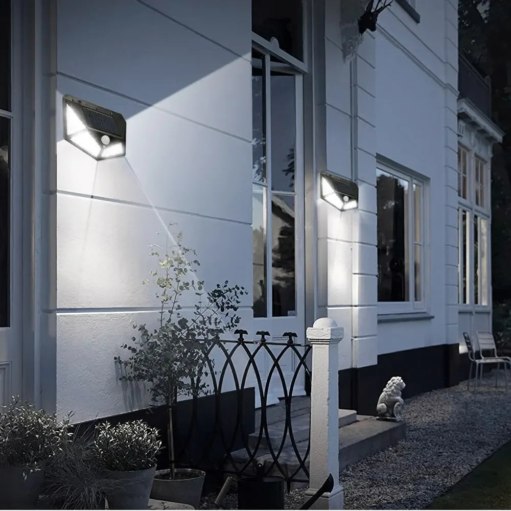 100 LED Solar Wall Lamp Wireless with Motion Sensor Human Waterproof Garden Decoration Spotlights Stairs Outdoor Wall Light