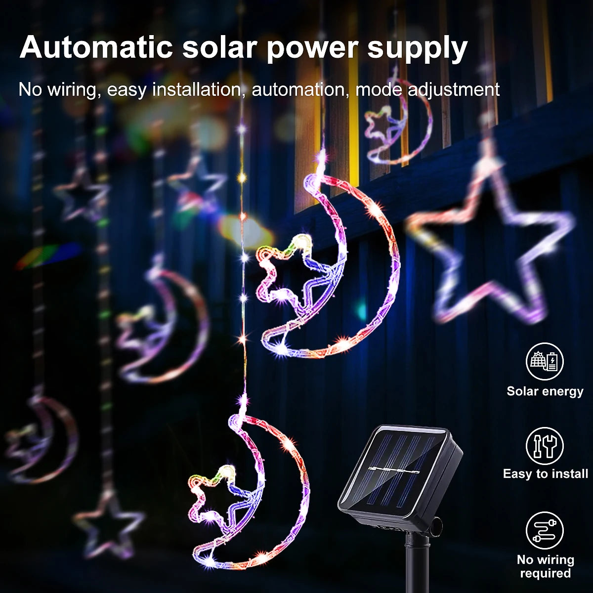 LED Decor Light Solar Moon Star Lights String Light Outdoor Waterproof Solar Powered Curtain Lights with 8 Modes Ramadan Hanging