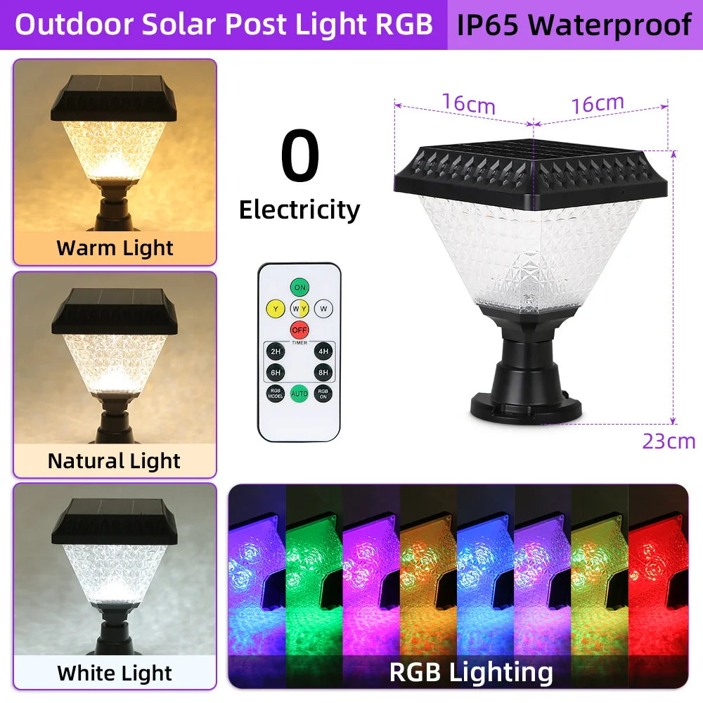 Timed Outdoor Solar Pillar Lights IP65 LED Garden Fence Light Remote Control Dimming RGB Post Lights Auto on/off Street Sunlight
