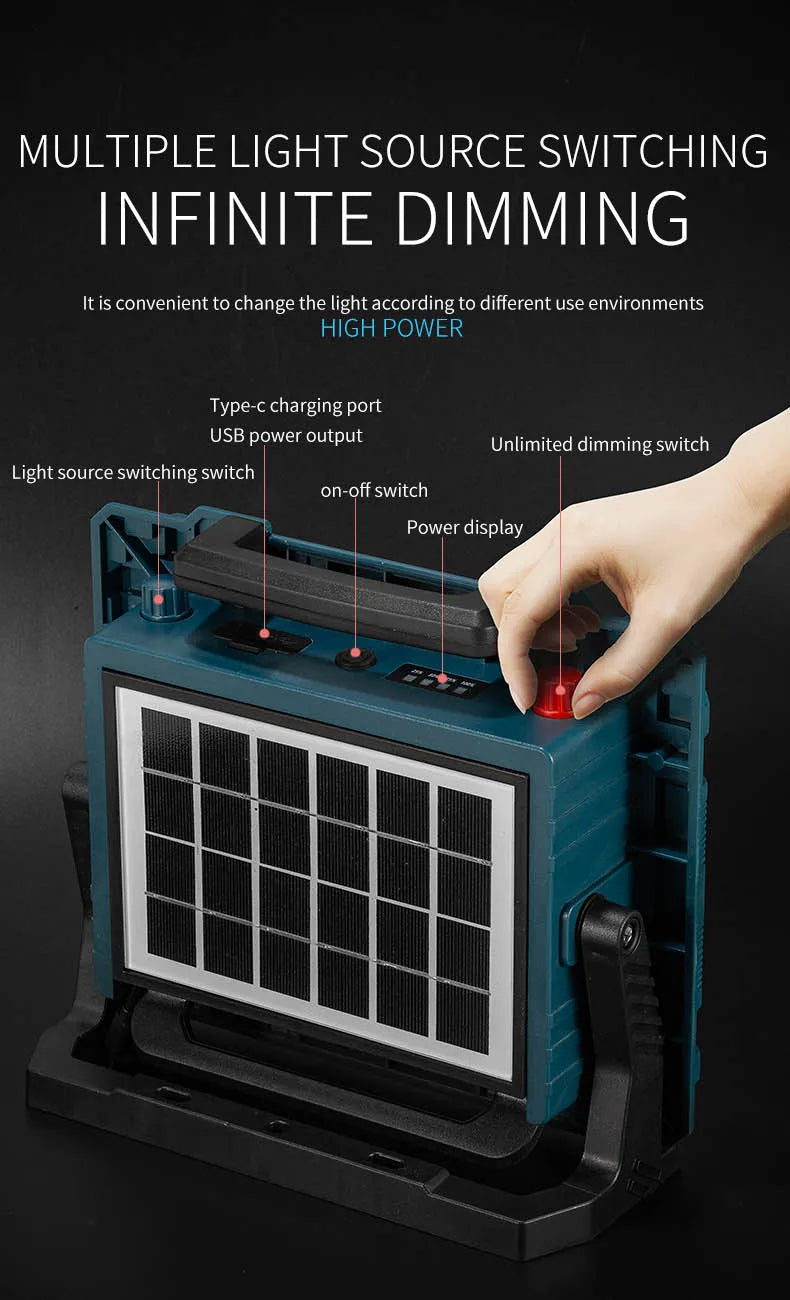 Rechargeable Solar Flood Light Outdoor Portable LED Reflector Spotlight IP66 Waterproof Camping Work Light Floodlight