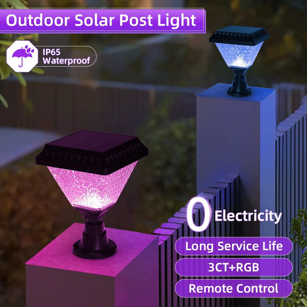 Timed Outdoor Solar Pillar Lights IP65 LED Garden Fence Light Remote Control Dimming RGB Post Lights Auto on/off Street Sunlight