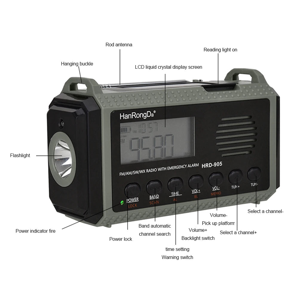 10000MAh Portable Emergency Solar Power Radio Hand Crank AM FM SW NOAA Weather Radio Led Reading Flashlight Phone Power Bank