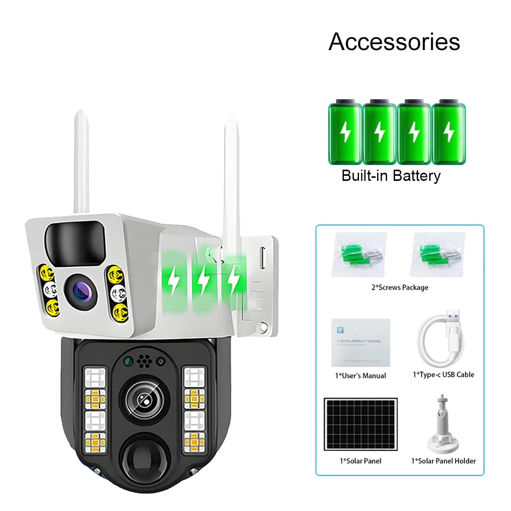 WiFi Solar Camera Dual Lens Security Protection IP 8MP HD Night Vision Outdoor Waterproof Smart Home Video Surveillance Camera