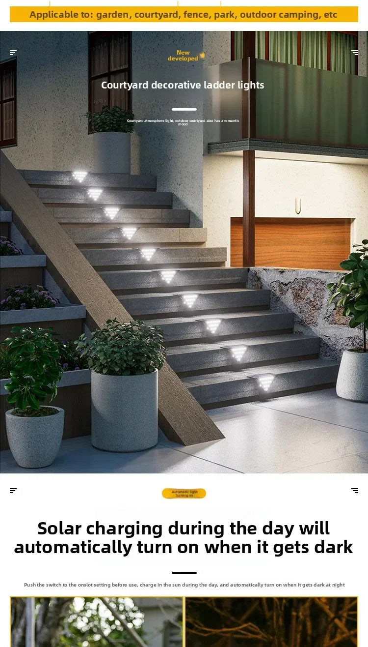 Outdoor Solar Step Lamp Two-Tone Triangle LED Waterproof Auto-On Deck Lantern for Patio Yard Driveway Porch Decorative Lighting