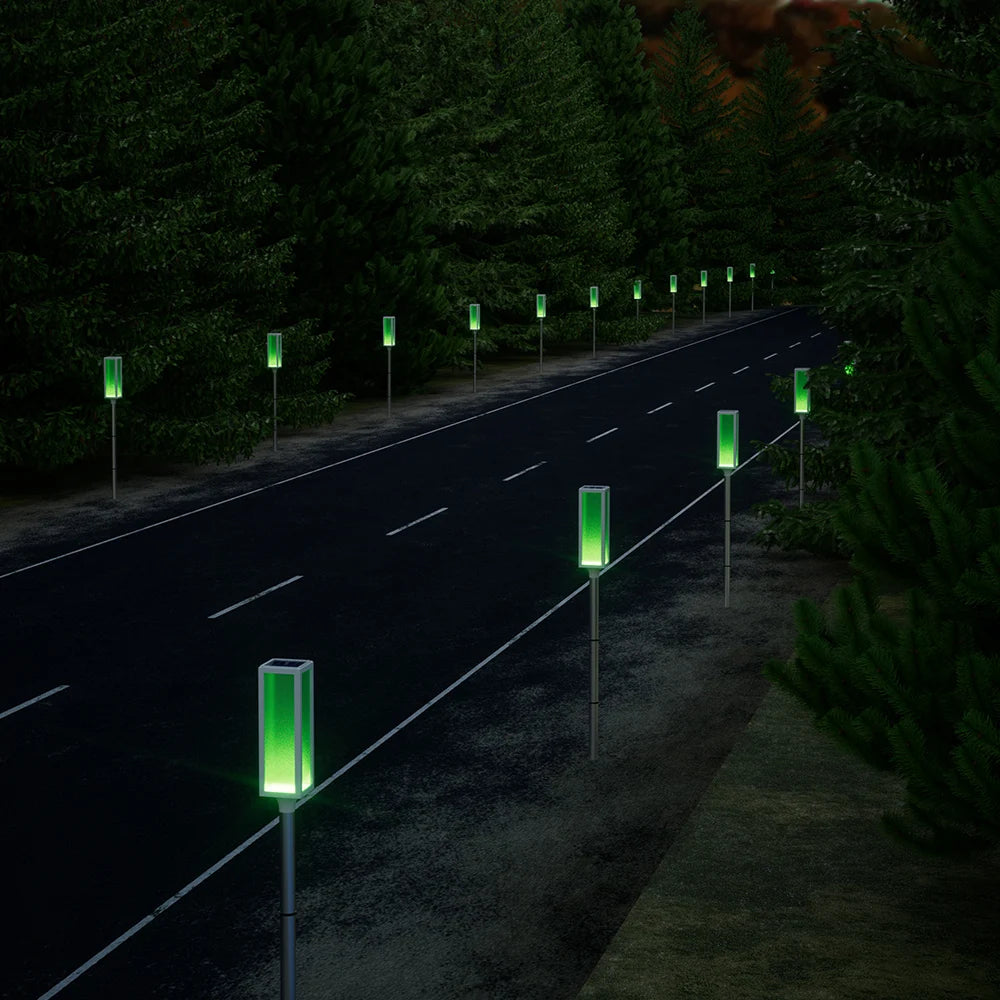 Solar powered bollard lights with multiple color and lighting mode options.,Suitable for driveways, gardens, and paths.