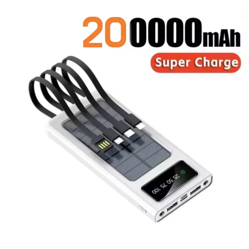 200000mAh Solar Power Bank USB 4 in1 Super Fast Charging Ultra Capacity USB TypeC LED Light Outdoor Power Bank For iPhone Xiaomi
