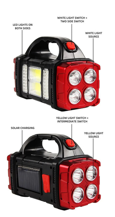 Solar Powered Rechargeable LED Multifunctional Portable Light USB Dual Light Source Outdoor Searchlight Camping Light Strong Fla