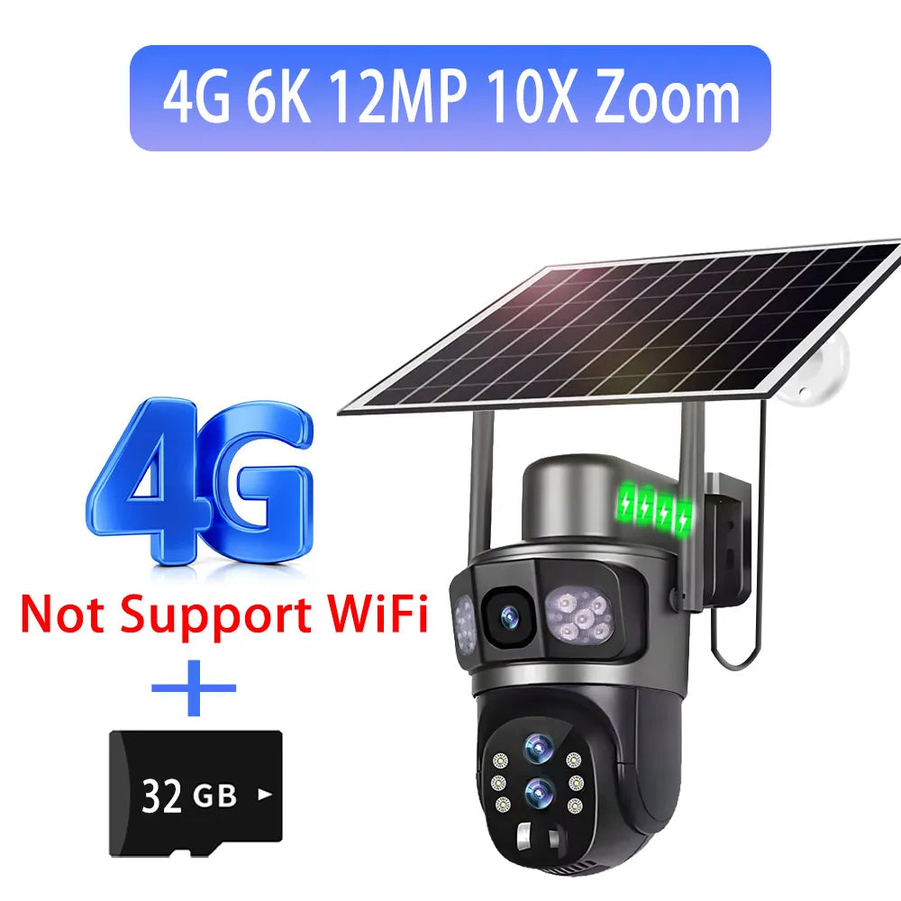 Solar Camera 4G Sim Three Screens 10X Zoom 6K 12MP Outdoor Surveillance Tracking Wireless Security Cameras Cctv Solar Power Cam