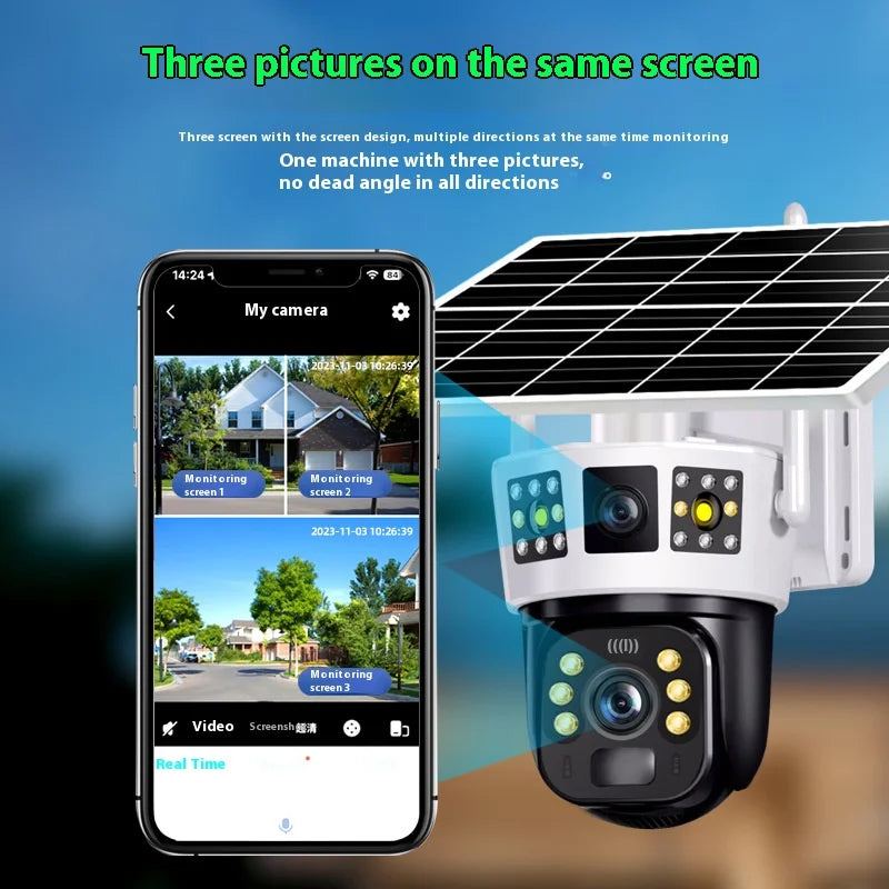 4G Solar Camera 6K 12MP Three Lens PTZ Dual screen PIR Human Tracking Color Night Vision Security CCTV Surveillance IP Camera
