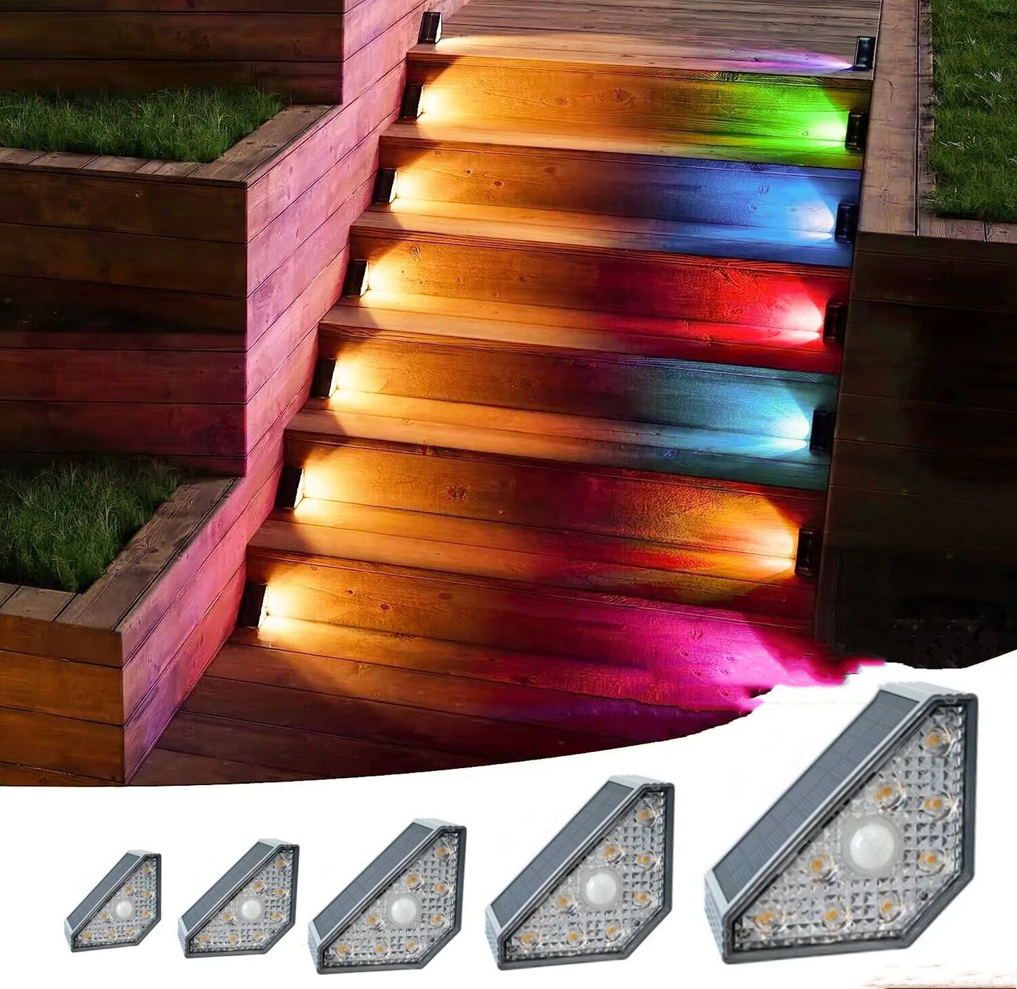 Solar Stair Lights with Motion Sensor Waterproof IP67 3 Mode RGB Color Changing Step Light LED Lights for Steps Patio Garden