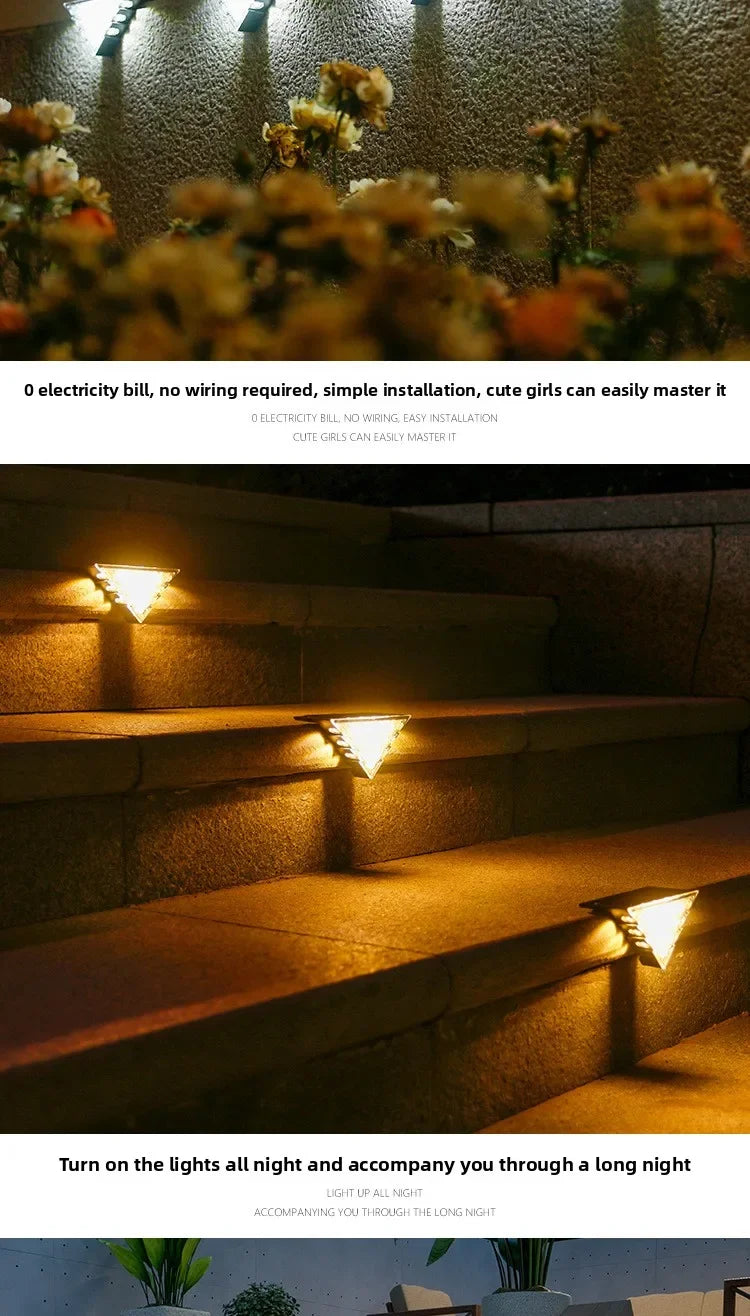Outdoor Solar Step Lamp Two-Tone Triangle LED Waterproof Auto-On Deck Lantern for Patio Yard Driveway Porch Decorative Lighting