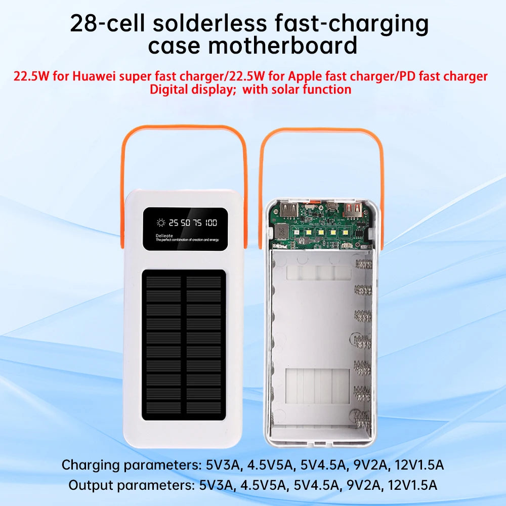 22.5W Fast Charging Mobile Power Supply Kit Solar 28-Cell 18650 Flat-Head Battery Power Bank No Welding, No Battery Included