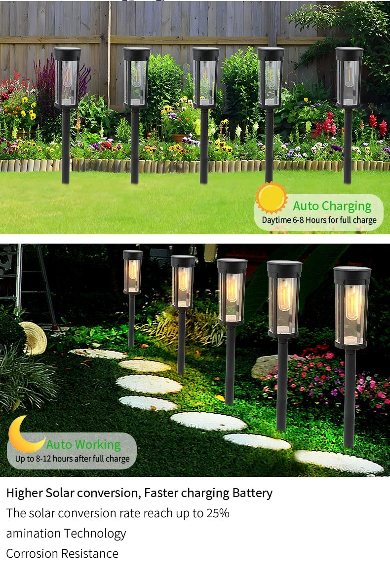 Solar Pathway Lawn Lights Outdoor Walkway Garden Tungsten lamp Waterproof Landscape Light Auto On/Off Lights for Yard Lawn Patio