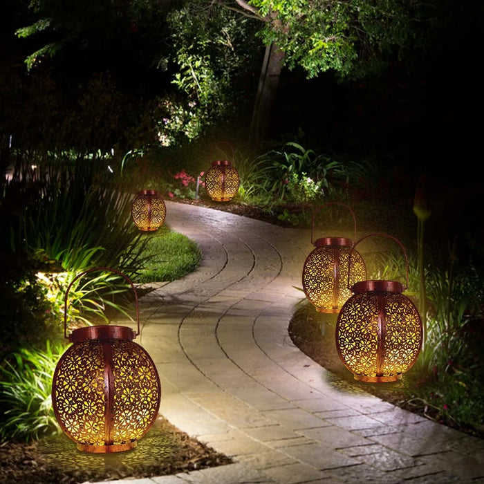 Hanging Solar Lanterns Retro Hollow Solar Lights with Handle Outdoor Solar Garden Lights Decor for Yard Garden Tree Fence Patio