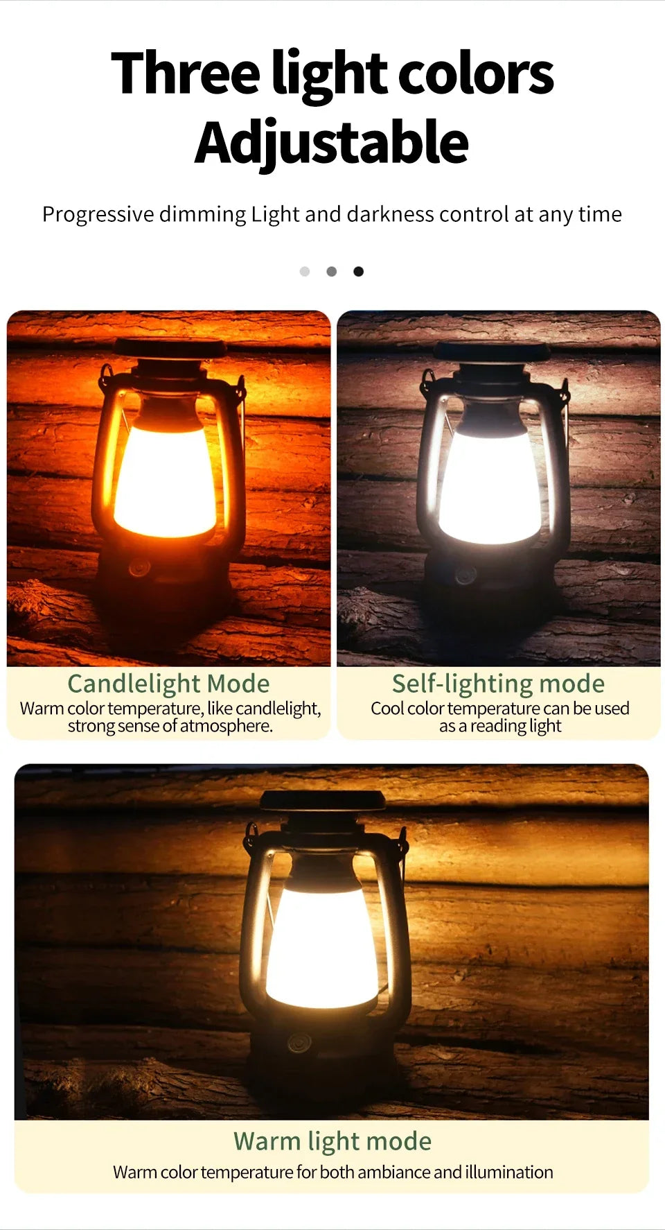 USB Rechargeable/Solar Charging Camping Light Portable Camping Lanterns 3 Lighting Modes Dimming Outdoor Hanging Tent Light