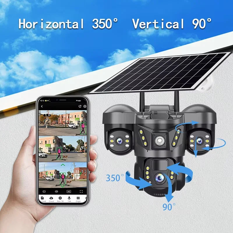 Wireless WiFi Solar Camera Three Lens Three Screen 4G Sim Card Solar Cam Human Detection Outdoor Solar Surveillance V380