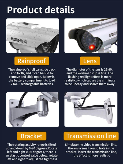 Solar Power Dummy Fake Security Camera, Anti-Theft Surveillance Camera with Flashing LED Light Outdoor Waterproof Bullet Shape