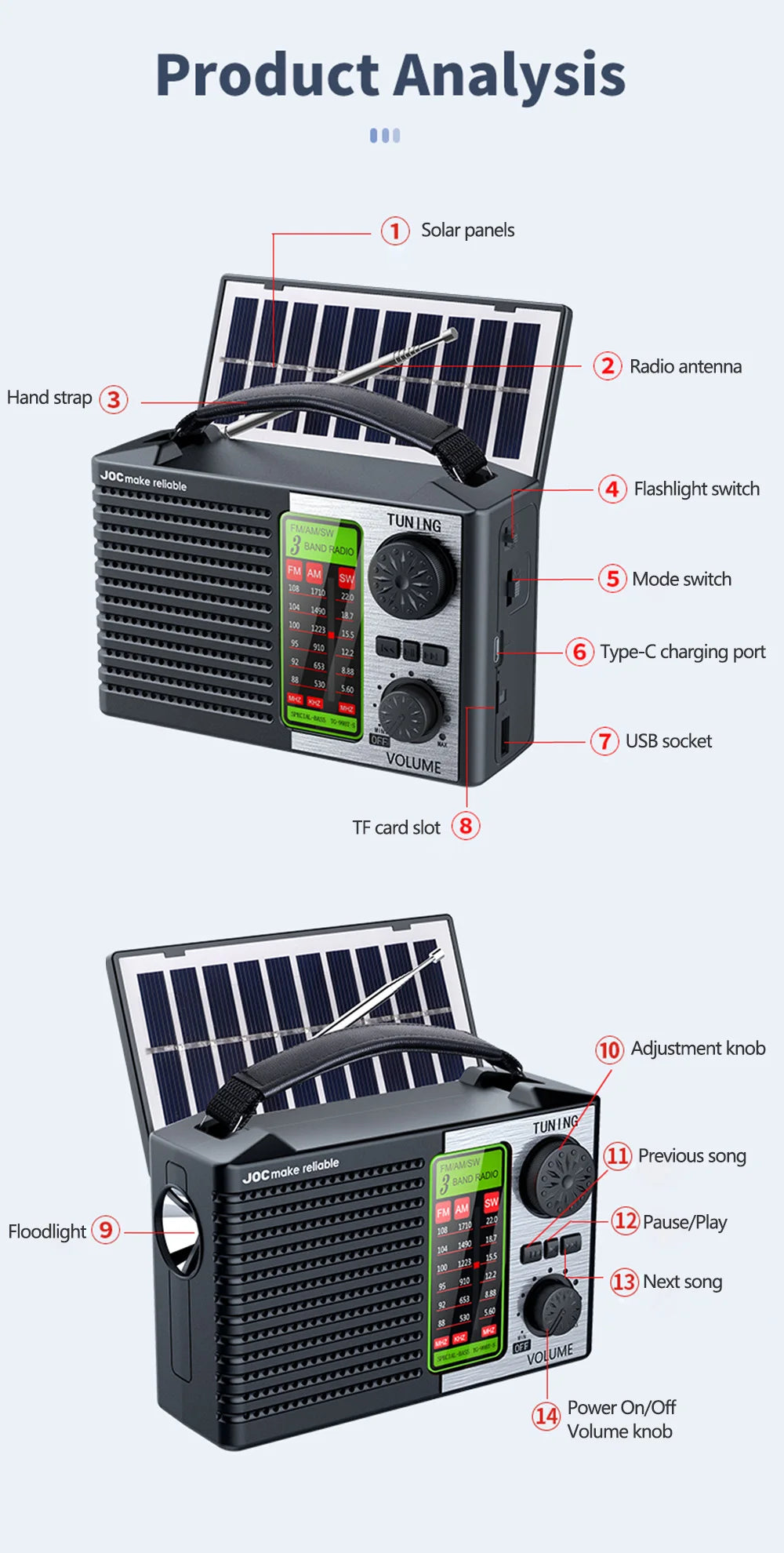 Portable FM AM SW Radio Rechargeable Outdoor Solar Full Band High Sensitivity Radio with LED Illumination and Wireless Speakers