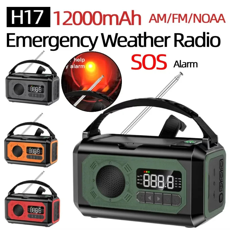 12000mAh Emergency Radio Hand Crank Portable Solar Radio Weather Radio SOS Alarm Flashlight Phone Charger Compass Reading Lamp