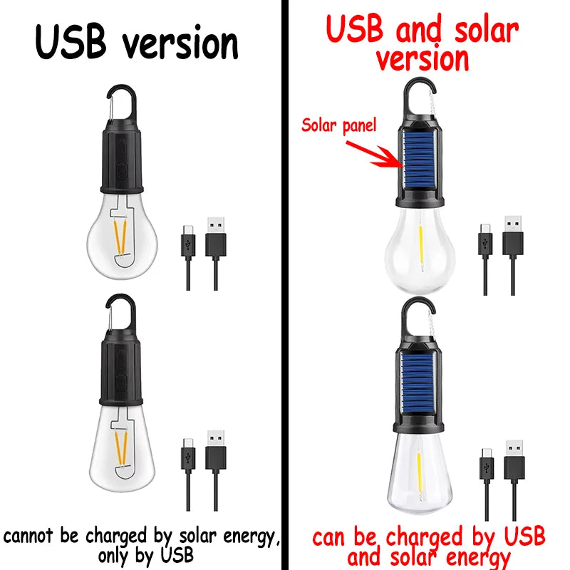 Outdoor Solar Powered LED Lamp Bulbs USB Charging Camping Light Portable Night Lights Waterproof Flashlight Fishing Essentials
