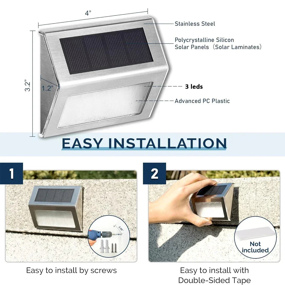 Solar Step Lights, Pack Waterproof Solar Deck Fence Stainless Steel Outdoor Light for Garden, Yard, Deck Decor Lighting