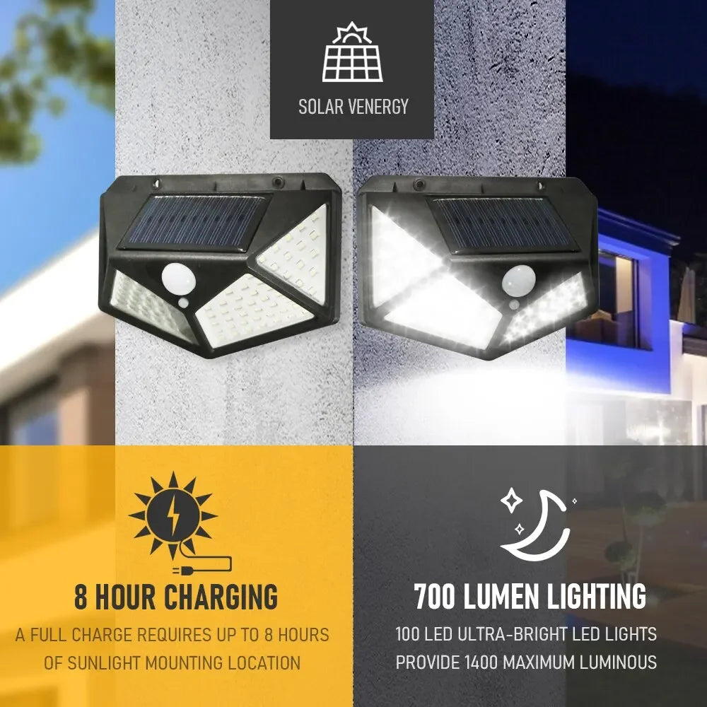 100 LED Solar Wall Lamp Wireless with Motion Sensor Human Waterproof Garden Decoration Spotlights Stairs Outdoor Wall Light