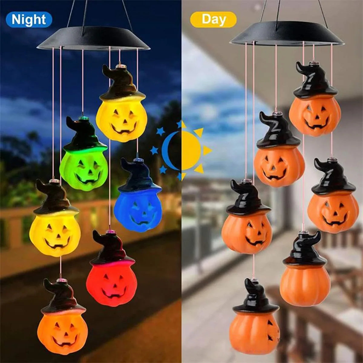 1PC Halloween Solar Wind Chimes Color Changing with 6 LED Pumpkin Waterproof Lights by Solar Powered Suitable For Holiday Party