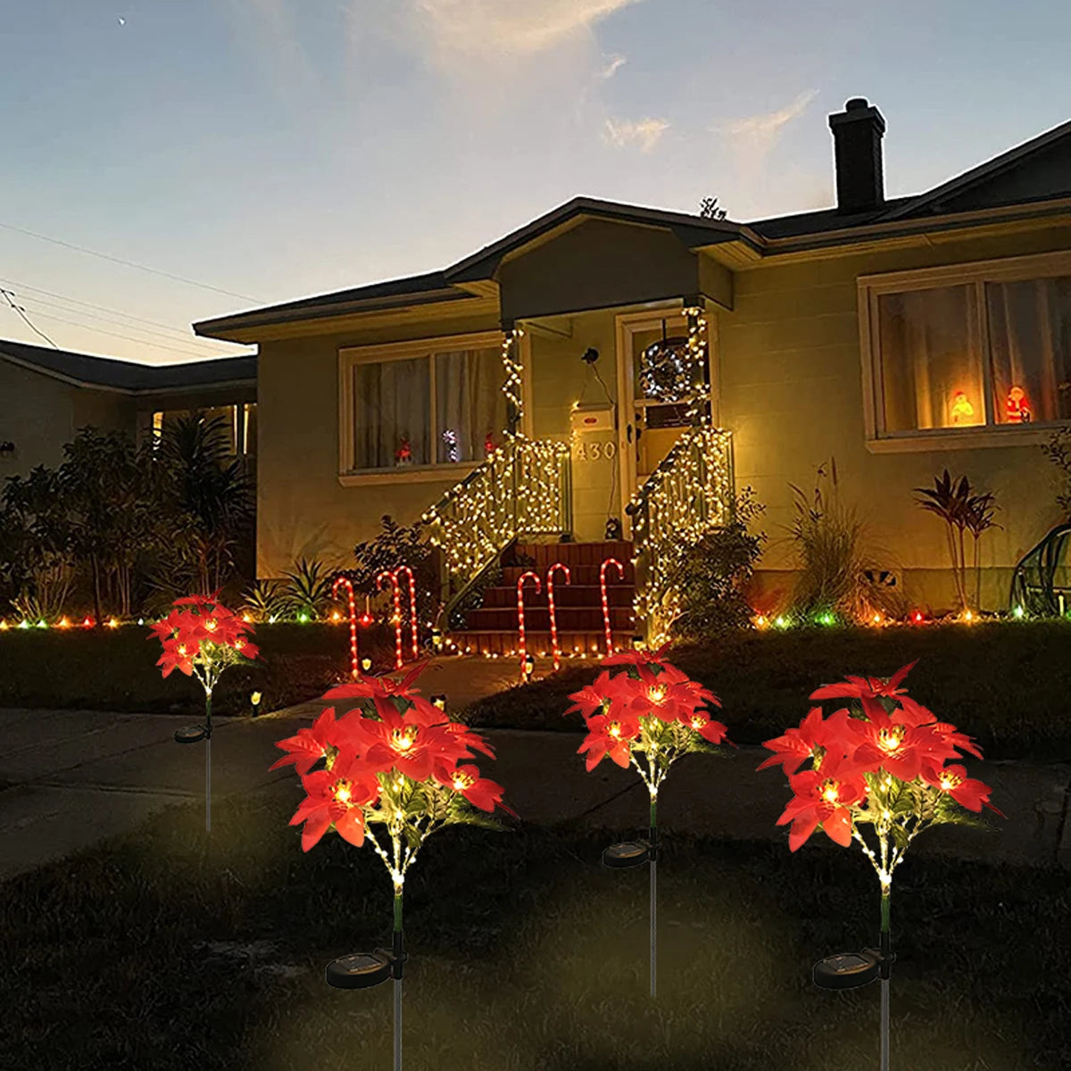 Solar Christmas Flower Lamp LED Warm Light Fashion Red Decoration Flower Poinsettia For Garden Lawn Lamp Holiday Christmas Light