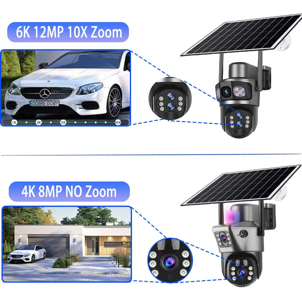 Solar Camera 4G Sim Three Screens 10X Zoom 6K 12MP Outdoor Surveillance Tracking Wireless Security Cameras Cctv Solar Power Cam