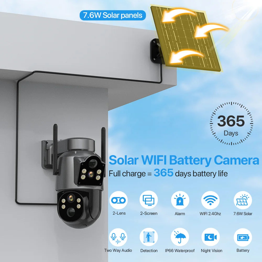 Solar Camera 365 Days Long Standby PIR Wifi Outdoor Dual Lens 4MP HD PTZ IP Camara 7.6W Solar Panel CCTV Security Camera ICSee