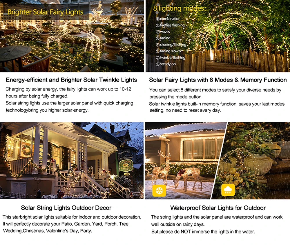 Solar Christmas String Lights Outdoor Solar Fairy Lights 8 Lighting Modes Twinkle Lights for Garden Party Wedding Xmas Decor