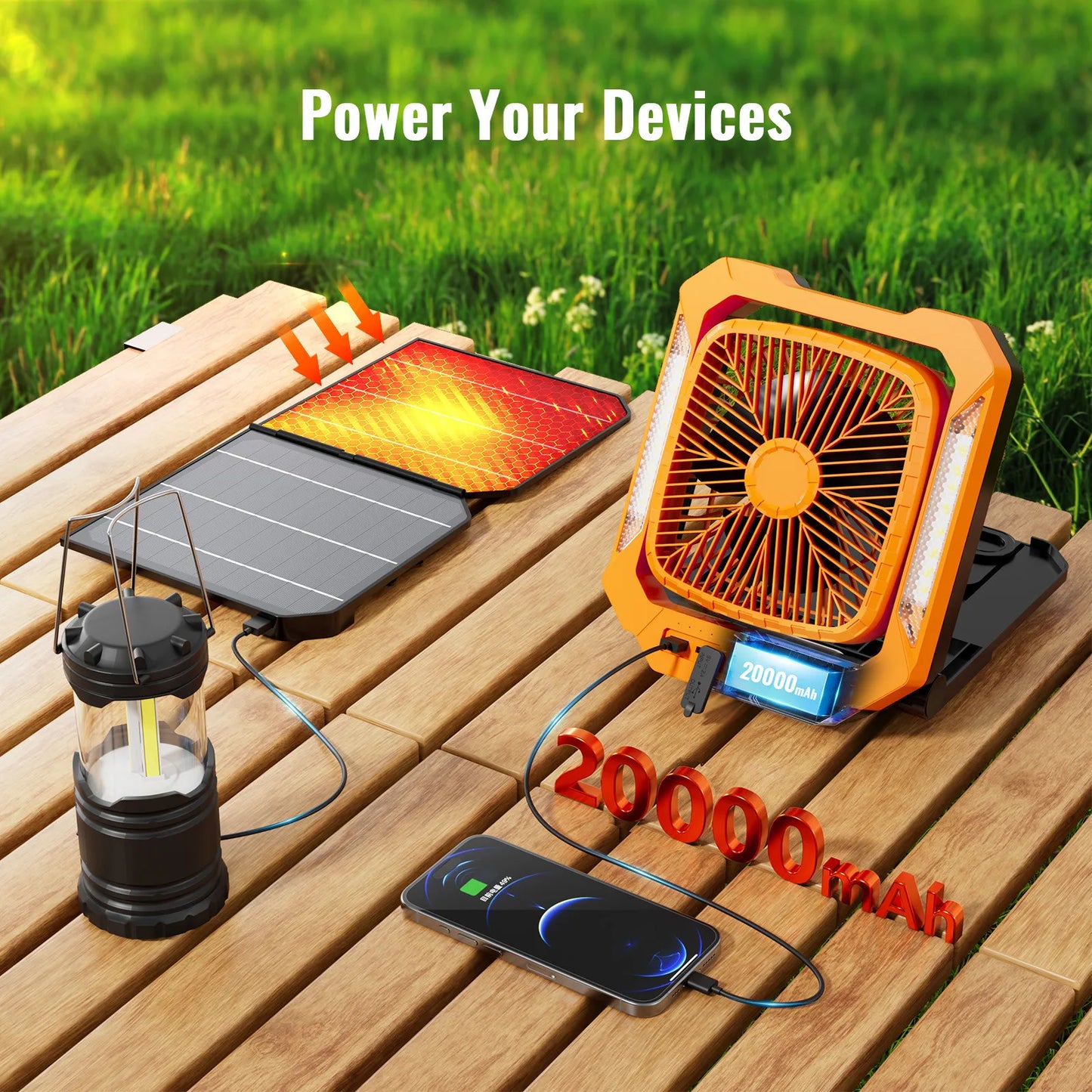 Solar Camping Fan With Foldable&Detachable 18W Solar Panel&20000mAh Rechargeable Battery LED Lantern 3-Speed Silent Timer Hook