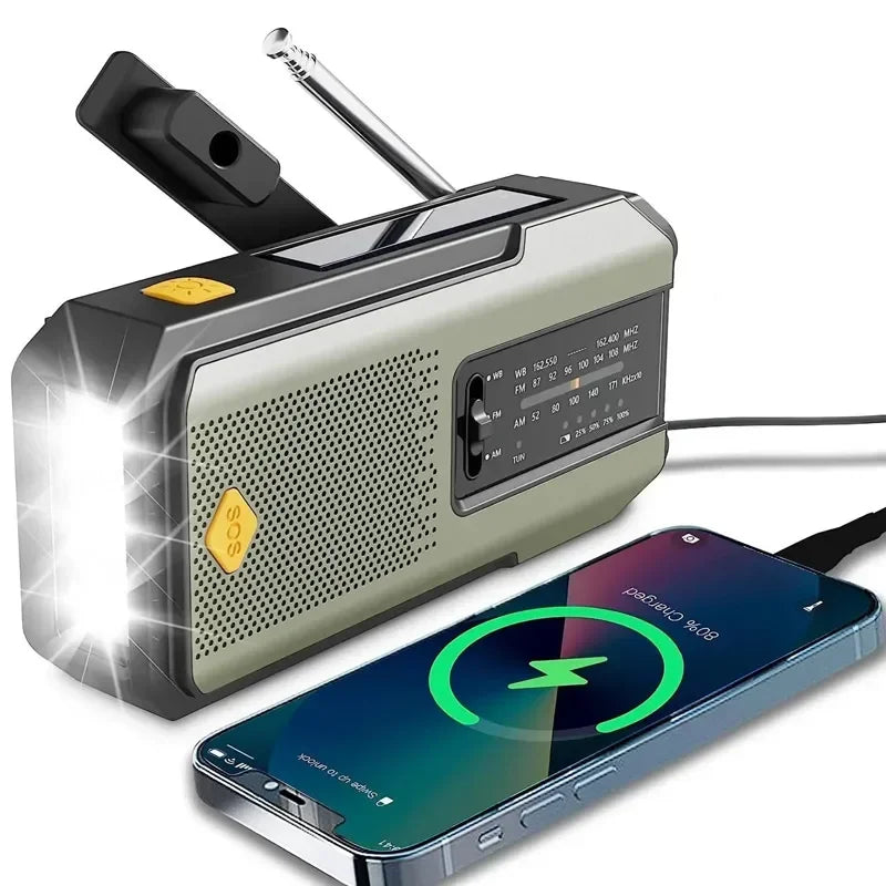 Weather Radio Emergency Multifunctional Radio FM AM WB Hand Crank Solar USB Charging 2000mAh Power Bank LED Flashlight Torch
