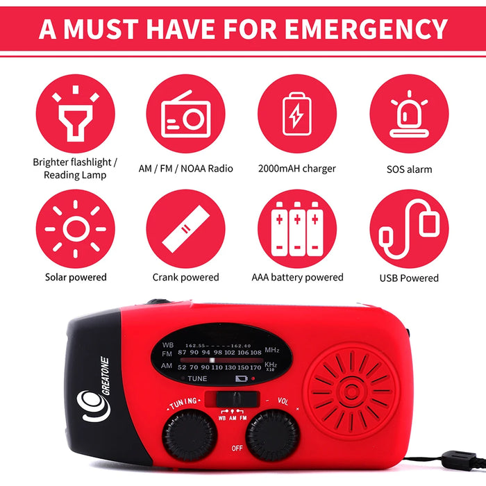 Emergency Radio Solar Power Hand Crank Radio Global receiver High Quality LED Torch Reading Light SOS Alarm 2000mAh